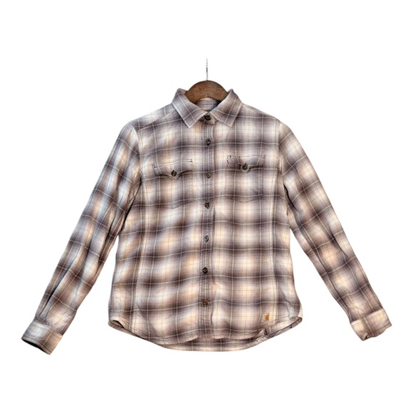 Carhartt Tops - Carhartt Womens Flannel  Shirt S Brown Plaid Button Up Long Sleeve Outdoors Cozy